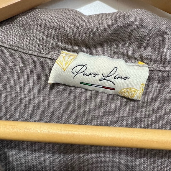 Puro Lino Brown Linen Button Down Shirt Silver Sequin Stripes Roll Tab OS - Picture 3 of 13